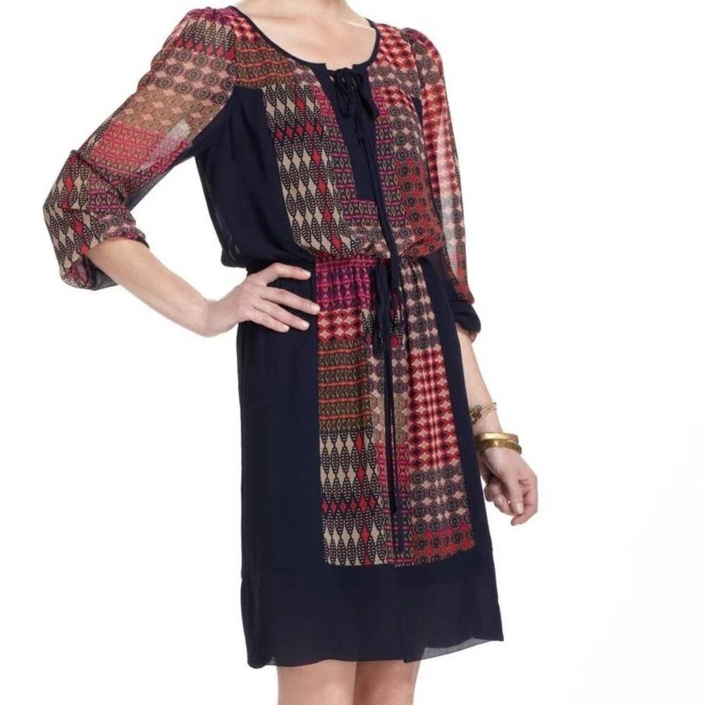 Anthropologie Maeve Rosalie Peasant Mini Dress Blue Motif Geometric - Size: XS